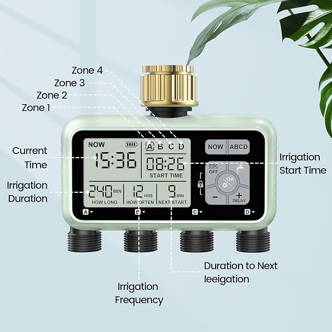 Watering Timer 4 Zone with with Brass Inlet Sprinkler Timer Programmable Garden Outdoor Hose Faucet Timers with Rain Delay/Manual/Automatic Watering SystemWater Hose Irrigation Timers 4 Outlet