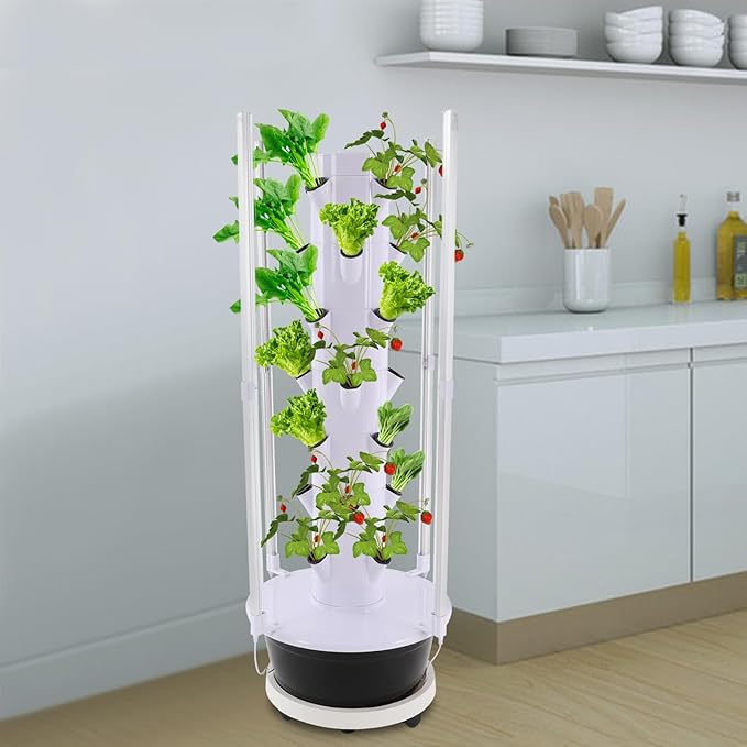 28 Pod Hydroponic Growing Tower Vertical Indoor Garden System with LED Grow Lights &amp Pump 7-Tier Hydroponic Planter Kit Space Saving Herb Vegetable Grower for Home Balcony (Black)