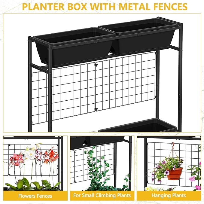 Raised Garden Beds Outdoor Elevated Garden Planter Boxes with Trellis and Legs Standing 32.4 Flowers Beds Herbs Vertical Planters for Small Climbing Plant Vegetables Patio Balcony Black