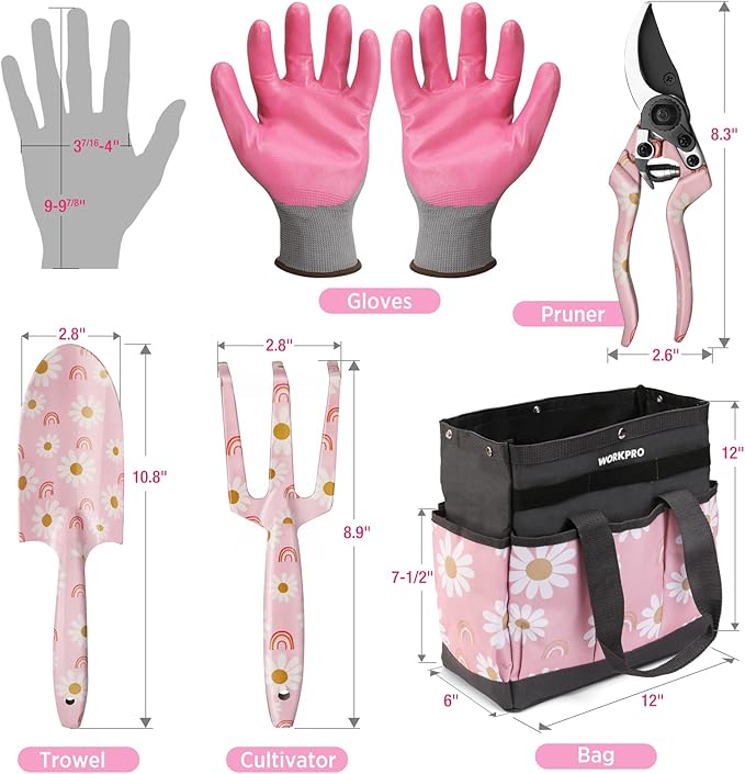 WORKPRO 5PCS Gardening Tools Aluminum Heavy Duty Garden Tool Set with Bag Ideal Gardening Gifts for Women-Pink Ribbon