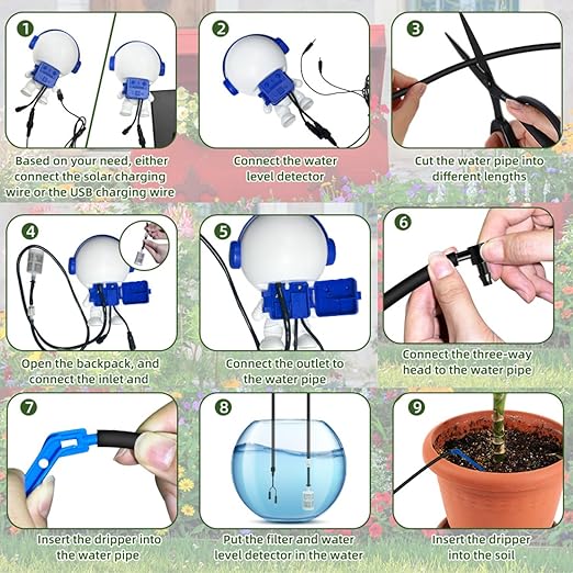 Solar Drip Irrigation System for Garden/Outdoor/Indoor Garden Solar Automatic Watering System for 15 Potted Plants Vacation Automatic Plant Waterer Outdoor with 2500mAh Battery 50Ft Tube