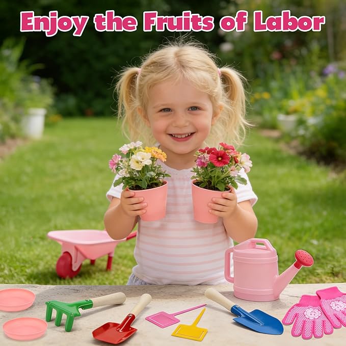 CUTE STONE Kids Gardening Tool Set Pink Wheelbarrow with Garden Toys with Watering Can Gloves Hand Rake Shovel Trowel Outdoor/Indoor Pretend Play Toys for Toddlers Boys Girls Age 3+