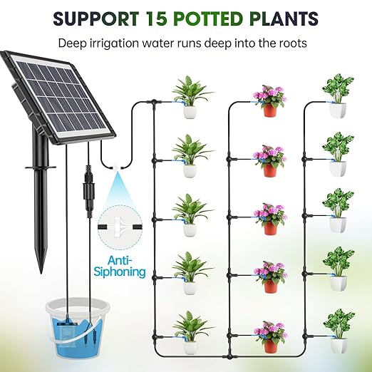 Solar Automatic Drip Irrigation Kit - 25 Timer Modes Smart Watering System for 15 Plants 900ml/min High Flow with IP54 Waterproof 49FT Indoor/Outdoor Garden Kit for Vacation &amp Busy Plant Lovers