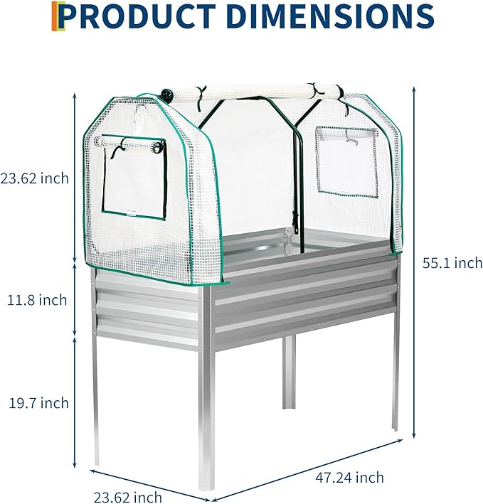 GarveeLife Raised Garden Bed with Legs Galvanized Metal Elevated Garden Bed with Cover &amp Built-in Spray Tube Raised Planter Box for Backyard Patio Balcony 48x24x55 in Silver