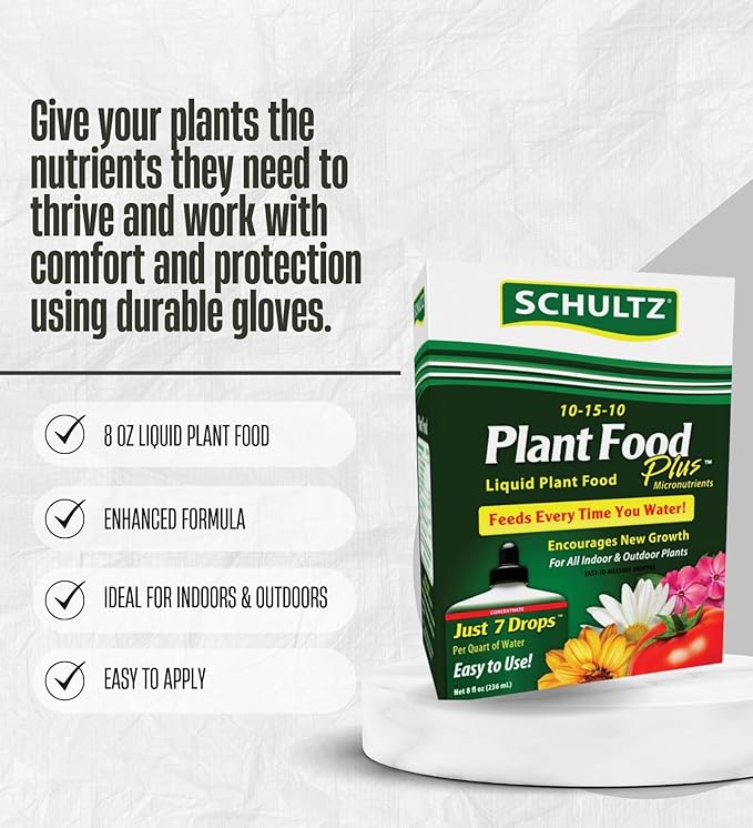 3X Schultz Plant Food Plus Liquid Plant Food 8 oz Bundle with Work Gloves – Liquid Nutrients for Indoor Potted Plants and Houseplants – Gift Set (4 Items)
