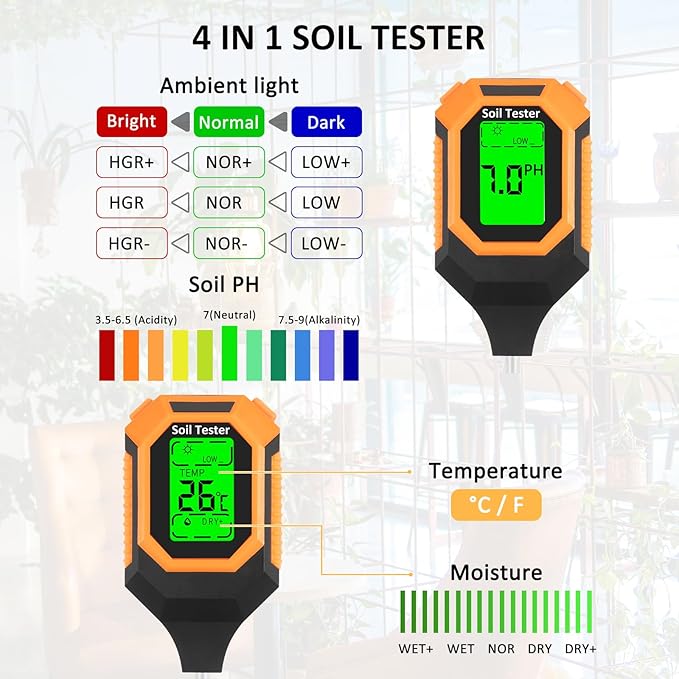 4-in-1 Soil Moisture Meter Digital PH Meter/Soil Moisture/Plant Temperature/Sunlight Intensity Backlight LCD Display Soil Test Meter for Garden Lawn Plant Care Farm and Indoor Outdoor Plants