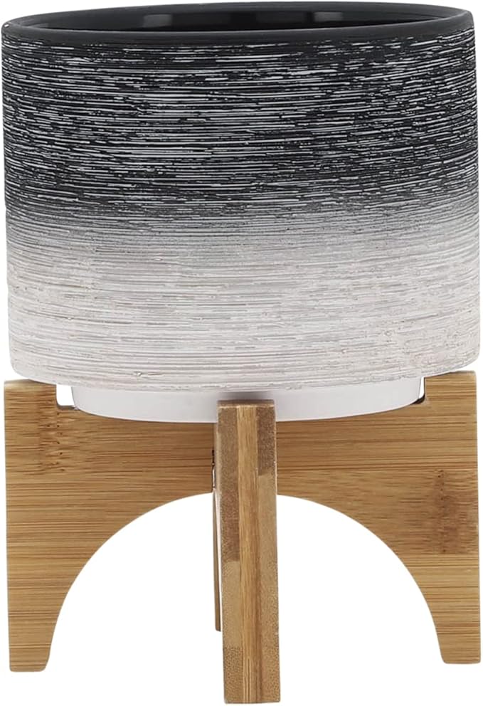 Ceramic 5 Planter ON Wooden Stand Gray