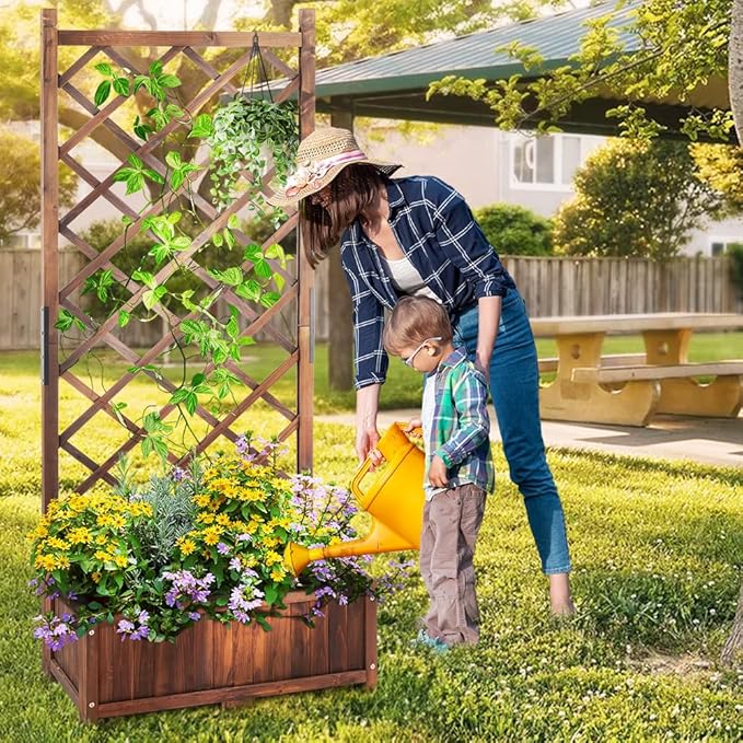 67 Outdoor Garden Flower Standing Planter BoxWood Planter Raised Garden Bed with TrellisIndoor Outdoor Flower BedVertical Flower Pot Standwith Drainage Holesfor Patio Porch Yard Balcony (Brown)
