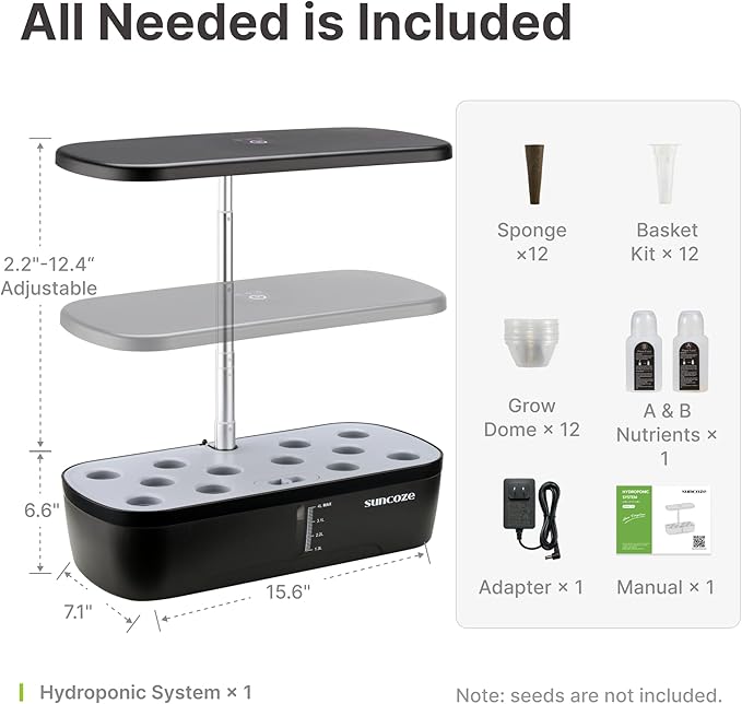 SUNCOZE Hydroponics Growing System Kit 12 Pods Indoor herb Garden with 20W LED Grow Light Visible Water Tank with Pump 2.2-12.4 Adjustable Height Indoor Gardening System Gardening Gifts Black
