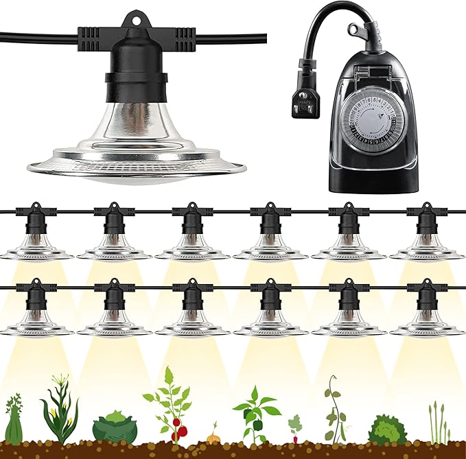 Espird 12-Light LED Grow Lights Plant Growing Lamps with Timer Outdoor Waterproof String Grow Lights for Greenhouse Full Spectrum Grow Light for Seeding Veg Flowers