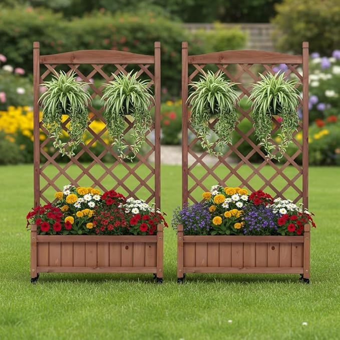 Raised Garden Bed with Tr2 Pack Outdoor Wooden Planter Box Plant Stand with Climbing Racks