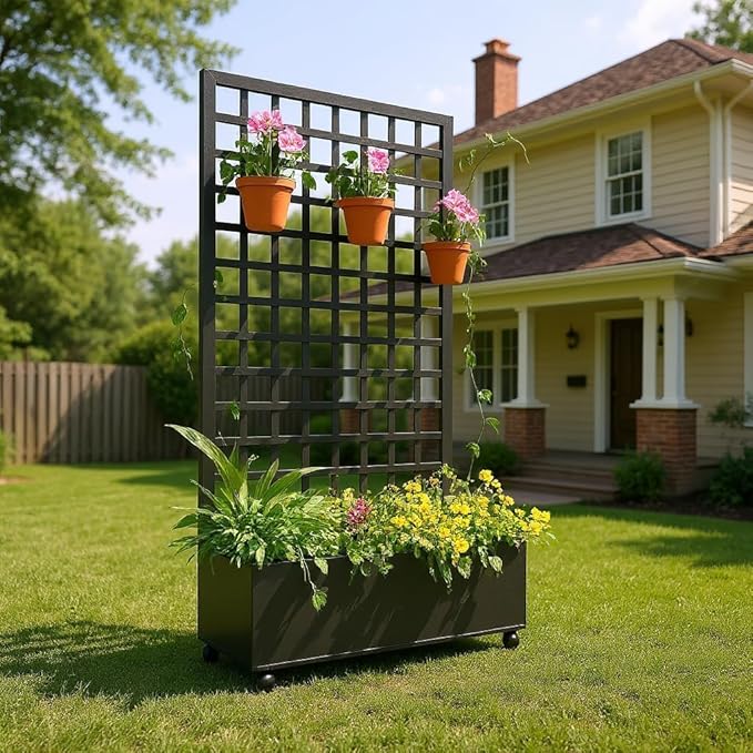 Metal Planter Box with Diamond Trellis 72X47 Galvanized Raised Garden Bed on Locking Wheels Deep Planter with Drainage for Climbing Plants Flowers Patio &amp Balcony Black