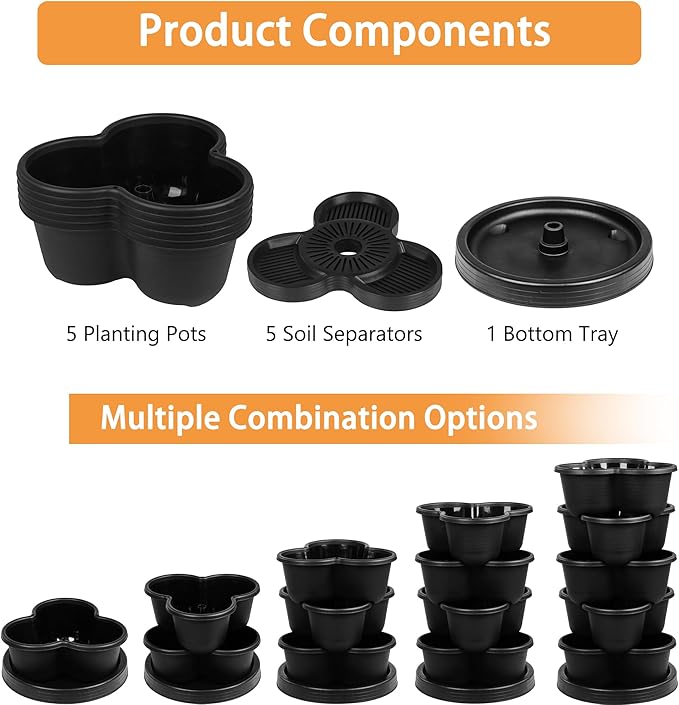 VECELO 5 Tier Vertical Garden Planter Self Watering Stackable Planters with Wheels for Strawberries Herbs Flowers Vegetables Black