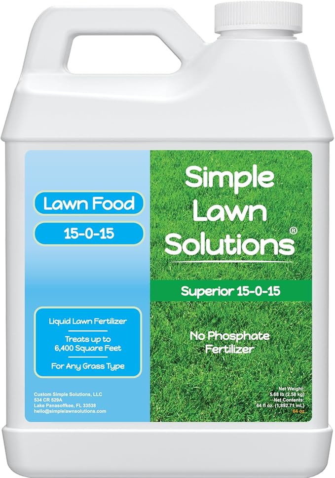 Superior 15-0-15 Liquid Lawn Fertilizer - Lawn Food for Growth &amp Green - Nitrogen Potassium Humic Fish &amp Seaweed - Any Grass Type- Simple Lawn Solutions - All Season- Concentrate (64 Ounce)