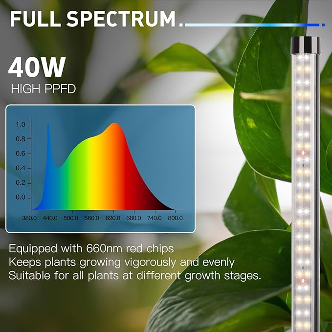 Grow Light for Indoor Plants with Auto On Off Timer 10 Dimmable Levels 40W 162 LEDs Full Spectrum Vertical Plant Grow Light Lamp Large Illumination Area 20-50 inch Height Adjustable