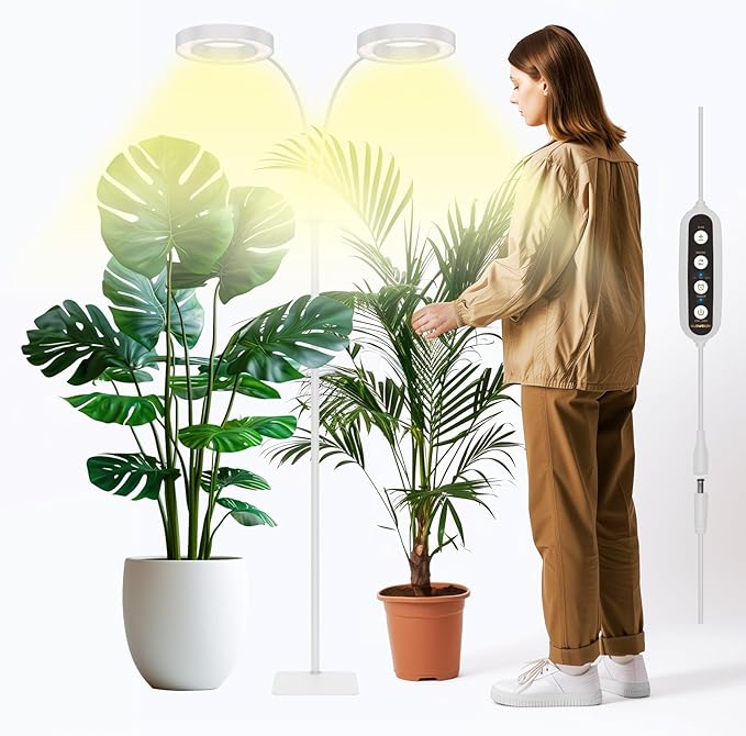 GLOWRIUM Grow Lights for Indoor Plants 36W Full Spectrum 2-Head LED Plant Light with Stand Adjustable Height 3/9/12H Timer 6 Dimmable Levels &amp 3 Lighting Modes (White-Double Head)