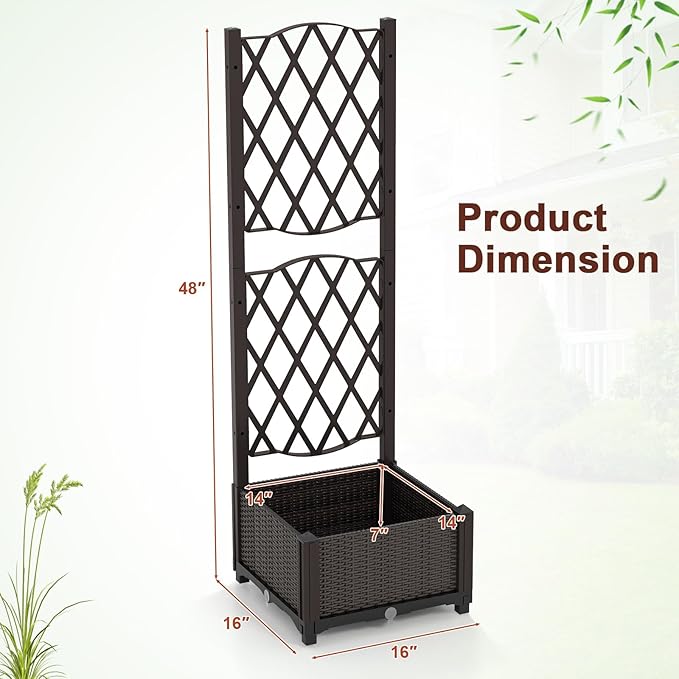 LDAILY Moccha Raised Garden Bed with Trellis - Planter with Trellis Self-Watering Device Drainage Hole Standing Garden Bed for Climbing Plant Vegetable Herb Flower (16”L x 16”W x 48”H)