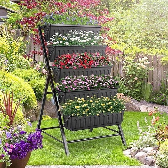 SEJOV 4FT Vertical Raised Garden Bed 5 Tiers Elevated Planter Box for Herbs Vegetables Flowers Graden Vertical Planter with Drainage System for Patio Balcony Garden Outdoor Indoor Plants (Black)