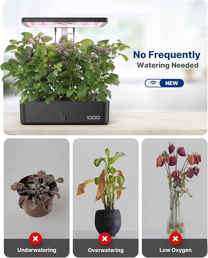 iDOO Hydroponics Growing System Kit 12Pods Christmas Gifts for Women Mom Herb Garden Indoor with LED Grow Light for Home Built-in Fan Auto-Timer Adjustable Height Up to 11.3 12Pods WiFi-Black