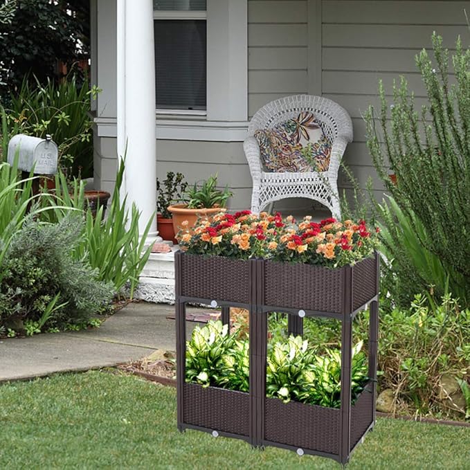 Raised Garden Bed with Legs Outdoor Plastic Elevated Planter Box Free Splicing Growing Bed with Rattan Pattern &amp Drainage Holes for Vegetables Herbs and Flowers Brown 4 Sets