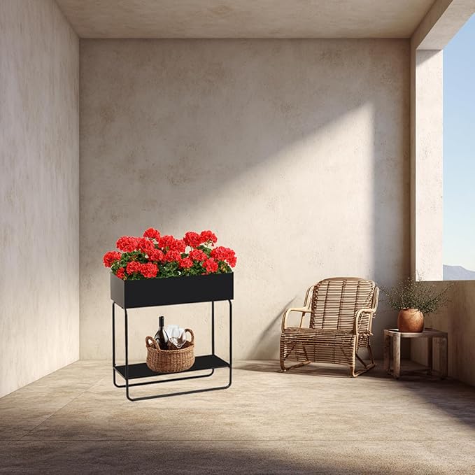 Metal Raised Garden Bed 23.6W x 9.8D x 25.6H inches with Storage Shelf Powder Coated Planter Box Floor Standing Indoor and Outdoor