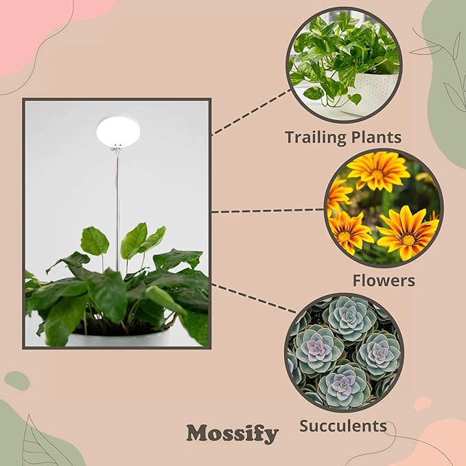 Mossify LED Grow Lights for Indoor Plants Full Spectrum – Adjustable Height (8”-28”) Dimmable Brightness Programmable Timer Long Lifespan – Ideal Grow Lights for Healthy Plant &amp Houseplants (Bl