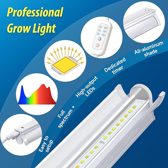 T5 Grow Lights for Indoor Plants with Timer 16 Inch LED Light Bar 10W×4 Full Spectrum Plant Light for Indoor Growing for Shelf/Rack