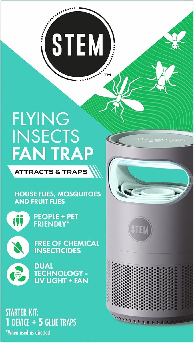 STEM Flying Insect Fan Trap for Indoor Bug Control Attracts Mosquitoes Fruit Flies and House Flies Plug-in Fan with UV Light Starter Kit Includes 1 Device and 5 Glue Traps