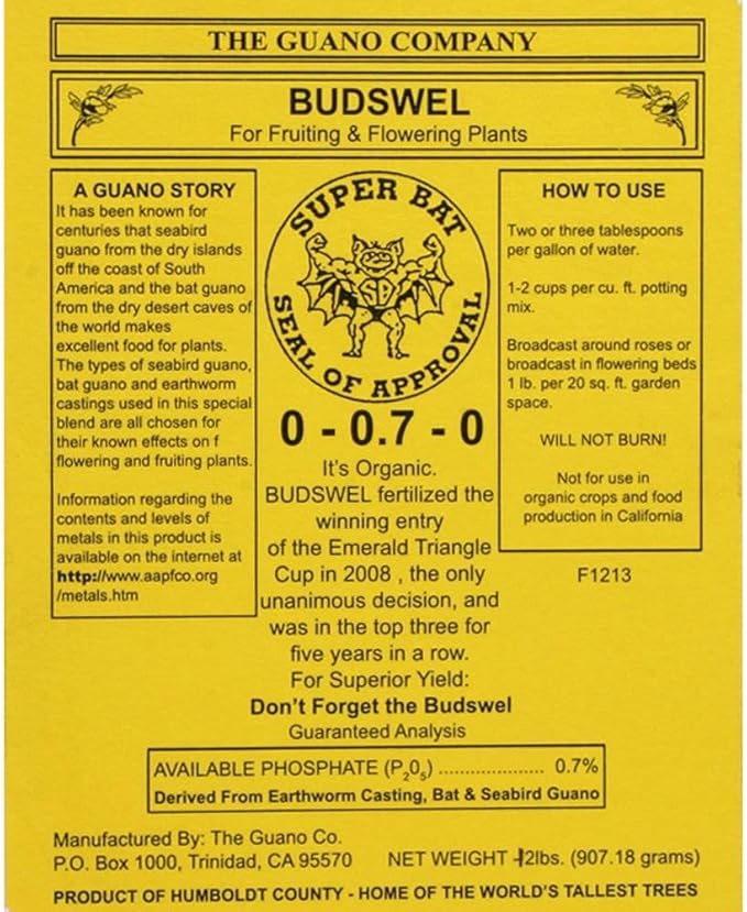 Hydrofarm GUBS128C Super Bat Budswel Organic Hydroponic Liquid Nutrient Solution for Strong Blooms in Garden Soil Flowers and Plants 1 Gallon