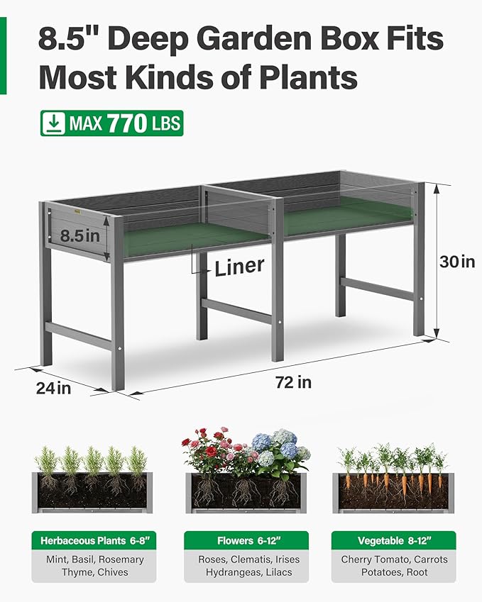 YEFU HIPS Raised Garden Bed: 72 x 30 x 24 Elevated Design to Prevent Digging by Pets Sturdy Safe Planter for Families with Kids - Planting Herbs Vegetables in Patio Backyard Grey
