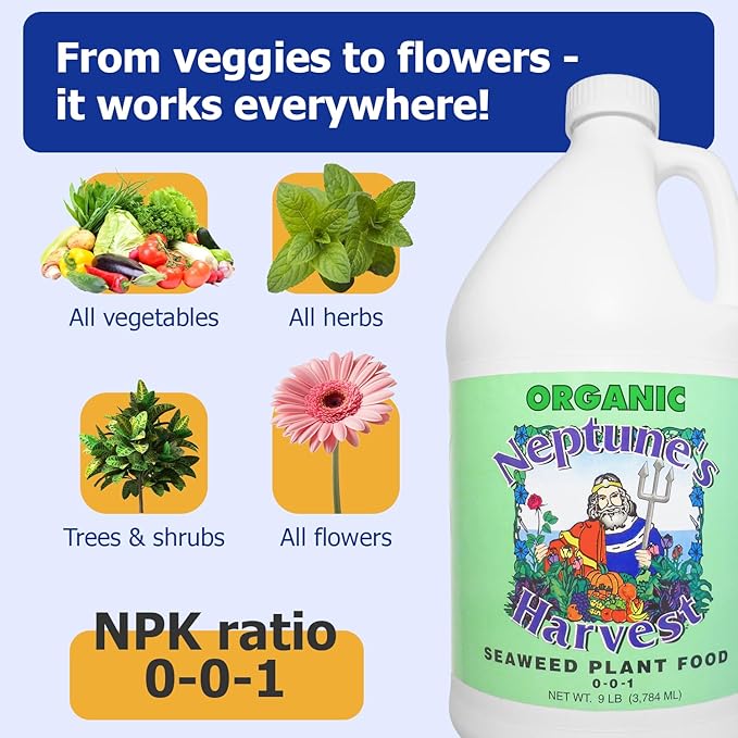 Neptune’s Harvest Seaweed Plant Food (0-0-1) - Multi-Purpose Seaweed Organic Liquid Fertilizer - Indoor &amp Outdoor Plant Fertilizer for Lawns Gardens Vegetables &amp Flowers (Gallon)