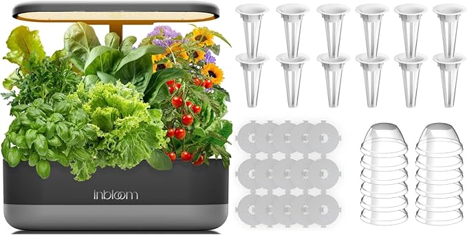 inbloom 12 Pods Hydroponics Growing System Black and 20 Pcs Grow Baskets 20 Pcs Grow Domes 48 Pcs Grow Labels