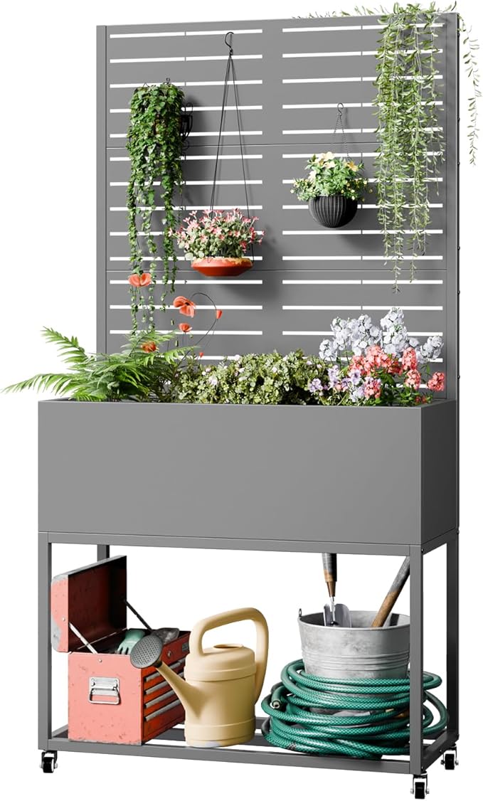 Metal Planter Box with Trellis67 H x35 W Raised Garden Beds with Privacy Screen for Climbing Plants Flower Elevated Standing Planter Garden Bed with Drainage Holes for Outdoor PatioGrey