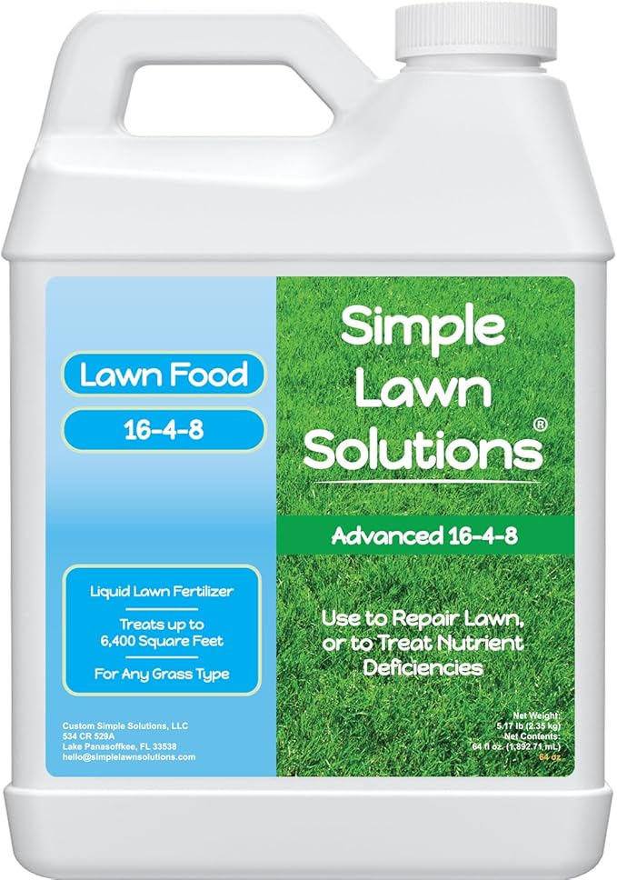 Advanced 16-4-8 Lawn Fertilizer - Liquid Lawn Food Spring &amp Summer Concentrated Spray - Any Grass Type- Fish and Seaweed Kelp- Balanced NPK - Simple Lawn Solutions (64 Ounce)