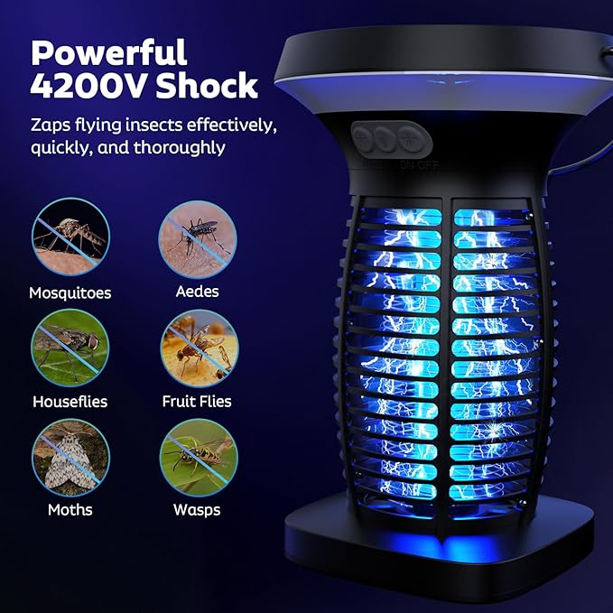 Solar Bug Zapper Outdoor Mosquito Zapper Outdoor Waterproof Electric Rechargeable Fly Zapper with Solar Panel 4200V Fly Trap Indoor for Home Backyard Patio Garden Camping