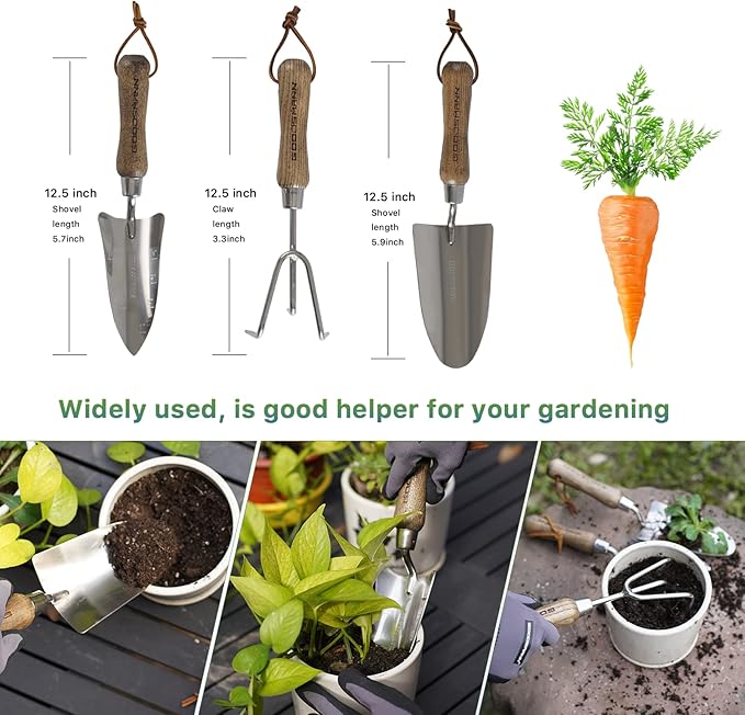 GOODSMANN Garden Tools Set 3 Piece Stainless Steel Gardening Kit Hand Trowel Marker Measurements Transplanter and Cultivator Garden Hand Shovel for Digging Weeding Planting Turning Soil