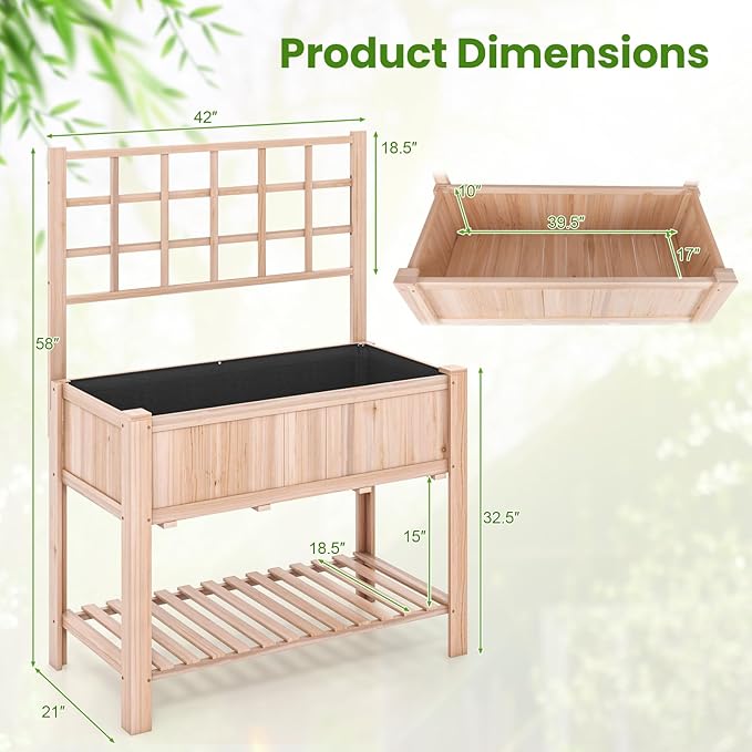S AFSTAR Raised Garden Bed with Trellis 42x21x58in Elevated Planter Box with Legs Bottom Storage Shelf Planter Liner Wood Standing Planter Stand for Climbing Plants Flowers Vegetables Herbs