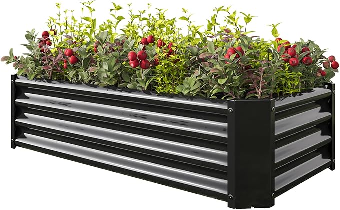 Raised Garden Beds Outdoor for Gardening 4×2×1ft Galvanized Rectangular Plastic Raised Planter Garden Box for Fruit Vegetables Herbs Flowers Growing Bed for Lawn Patio Balcony Black