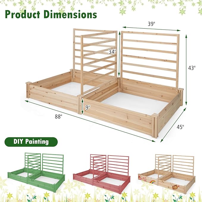 COSTWAY Raised Garden Bed with 2 Planter Boxes &amp 3 Trellises Outdoor Wooden Planter Kit for Flowers Herbs Vegetables Fruits &amp Climbing Vines Elevated Garden Planter for Patio 88L x 45W