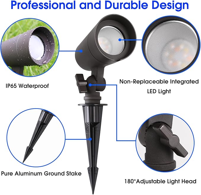3CCT LED Landscape Lights with Connectors 12V Low Voltage 3000K/4000K/5000K Selectable 3W 200LM Outdoor Waterproof Garden Pathway Lights Wall Tree Flag Spotlights with Spike Stand 8 Pack