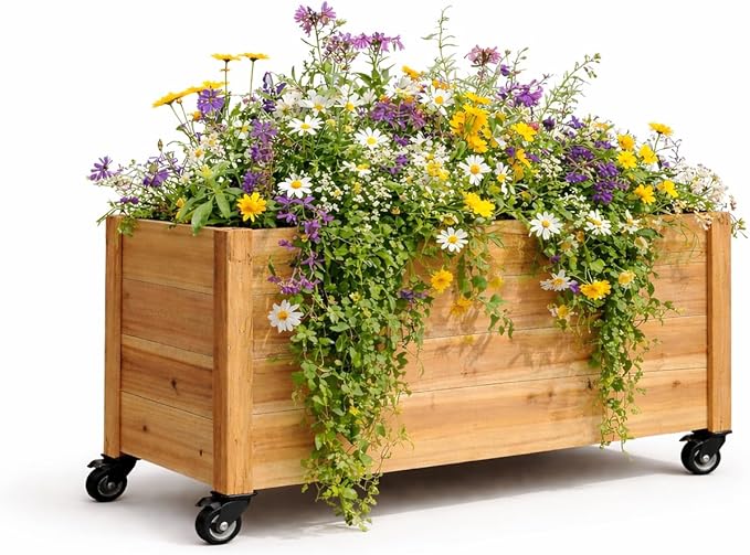 Tall Cedar Planter Box with Locking Wheels – Mobile Raised Garden Bed for Patio Balcony &amp Business Entrances – Wooden Planter with Brakes for Flowers Herb &amp Vegetable Plants