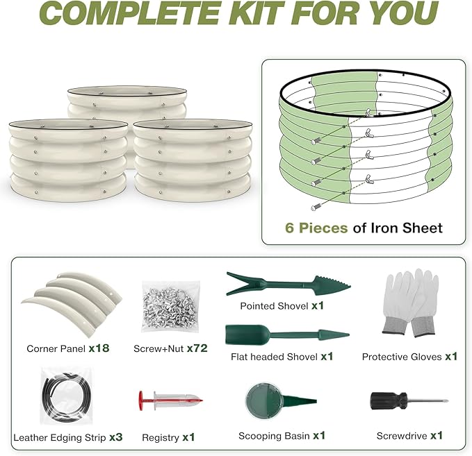 SHALL 8PC Galvanized Raised Garden Bed Kit 3Pc 2x2x1ft Round Planter Boxes Outdoor W/Mini Seed Spreader Disk Seeder 2X Seeding Transplanters Protective Gloves for Flowers Fruits Vegetables Herbs