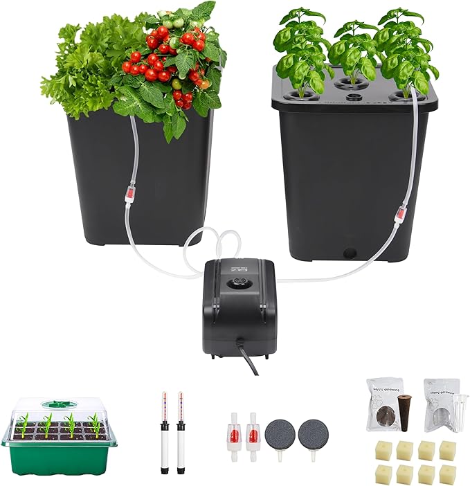 DWC 2 Hydroponic Buckets Kit for Plants Hydroponics Growing System for Herbs/Tomato/Vegetables DWC System with Air Pump &amp Germination Tray (Complete Indoor Hydroponic Gardening Supplies) (Black)