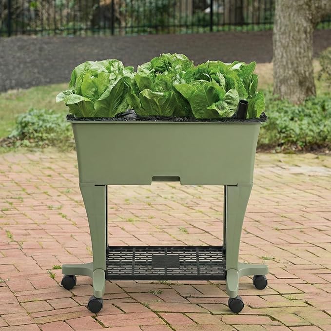 EarthBox Raised Garden Bed with Legs – Elevated Self Watering Planter Box with Wheels Storage Shelf Premium Plant Food Easy Assembly Made in USA Sage