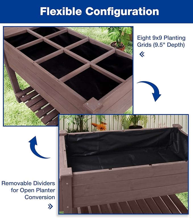 Raised Garden Bed Outdoor with Wheels 52.7 Elevated Wooden Garden Bed with 8 Planter Boxes Removable Dividers Storage Shelf Standing Mobile Planter with Non-Woven Liner