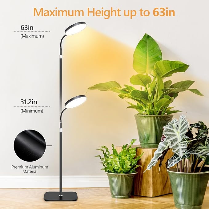 Plant Grow Light Dual Head 40W Indoor Growing Lights144LEDs Full Spectrum Wide Illumination Area 63IN Adjustable Height Stand 10 Dimmable 3/9/12H Auto Timer Floor Lamp for Plants Growth