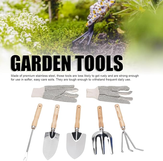Garden Tool 5Pcs Gardening Hand Tools with Wooden Handle Canvas Gloves Stainless Steel Material Proof Garden Tool Set