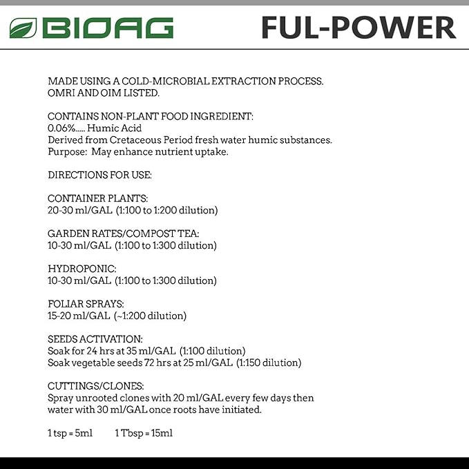 BIOAG Ful-Power Liquid Organic Humic Acid Amendment - Fulpower Increases Yield in Hydroponics Soil Soilless Media - Plant Nutrient (5 gal)