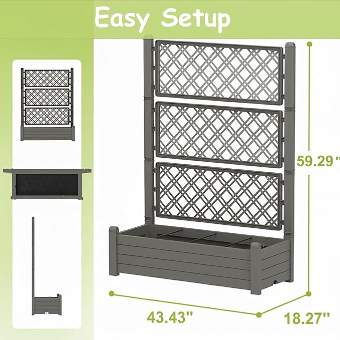 5.3' Tall Raised Garden Bed with Trellis Self Watering Planter Box for Outdoor Climbing Plants Resin Garden Lattice for Vegetables Flowers Tomato &amp Vine with Drainage Holes (Coffee 4 pack)
