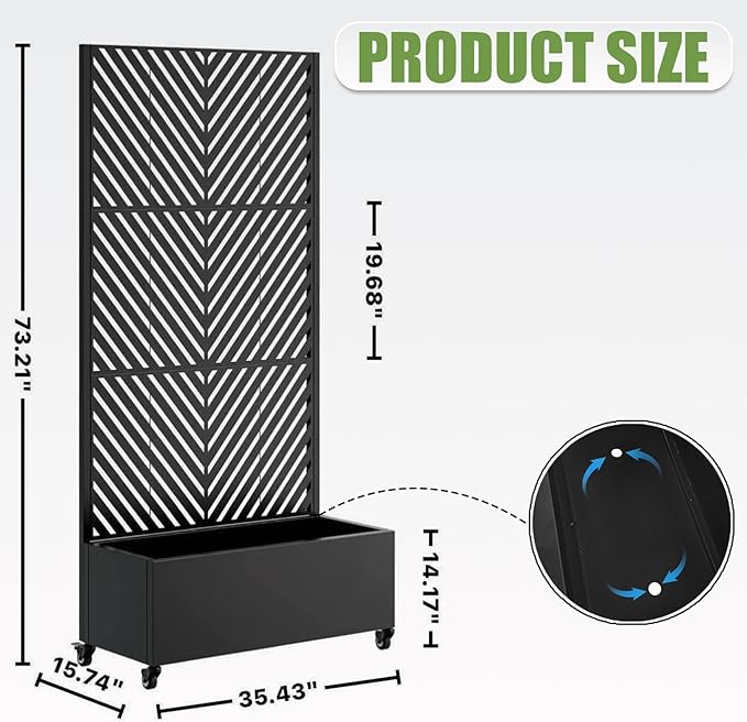 Sturdy 47x16x73 Inch Galvanized Steel Raised Garden Bed with Trellis Metal Planter Box on Wheels for Patio Privacy Screen 12 Inch Deep Root Mobile Vertical Garden Planter for Climbing Plants (M3)